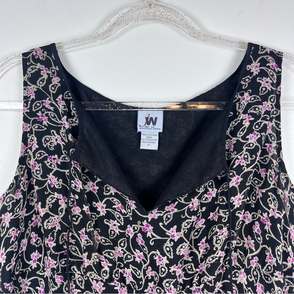 Vintage Y2K Junction West Sleeveless Black Silk Floral Tank Top Blouse Large - Picture 2 of 9
